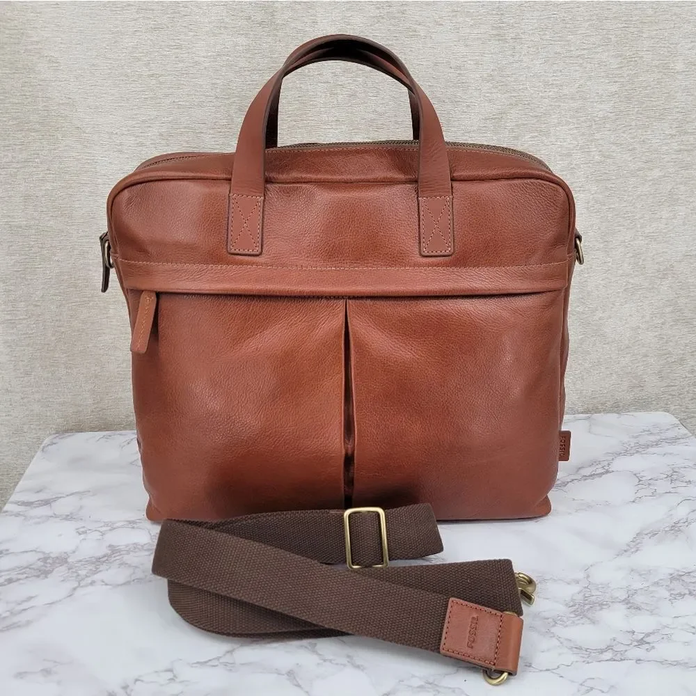 Fossil Leather Brief Workbag Cognac Breifcase Bag